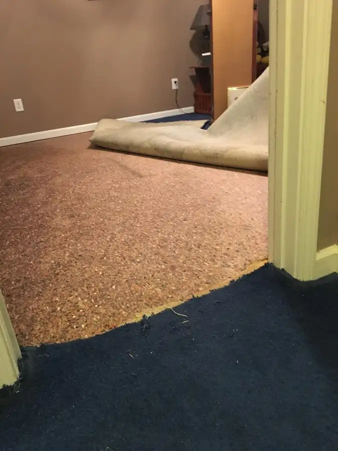 Carpet pad removal revealing water damage during Water Mitigation Services in Gorham